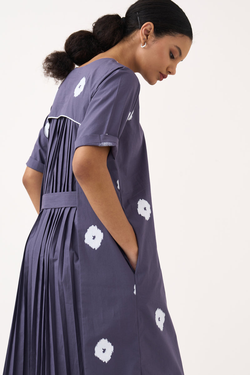 Block Print Back Pleat Dress-Ash Violet poplin dress by THREE in voilet for women Worldwide