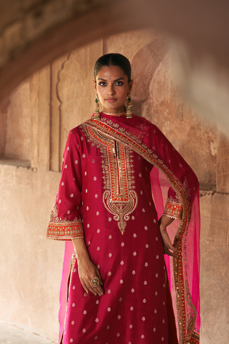 SUMAIRA - HOTPINK LONG KURTA WITH PALAZZO AND DUPATTA silk chanderi kurta/kurta set by SHEETAL BATRA in pink for women Worldwide