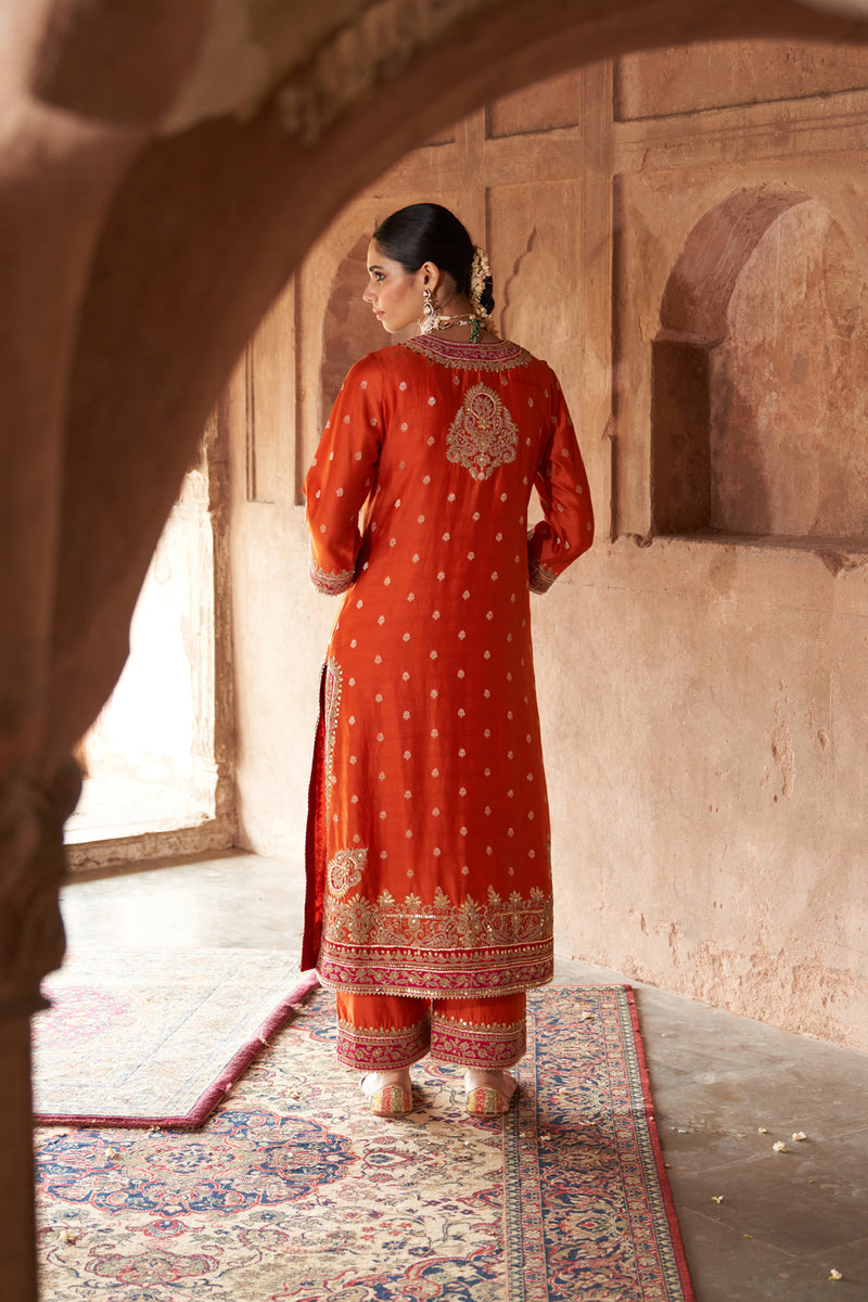 SOBIA - BURNT ORANGE LONG KURTA WITH PALAZZO AND DUPATTA silk chanderi kurta/kurta set by SHEETAL BATRA in orange for women Worldwide