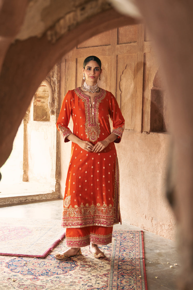 SOBIA - BURNT ORANGE LONG KURTA WITH PALAZZO AND DUPATTA silk chanderi kurta/kurta set by SHEETAL BATRA in orange for women Worldwide