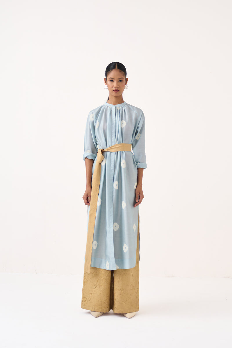 Block Print Gather Neck Shirt Co-Ord Set Of 2-Ice Blue & Light Sand chanderi co-ord set by THREE in ice blue for women Worldwide