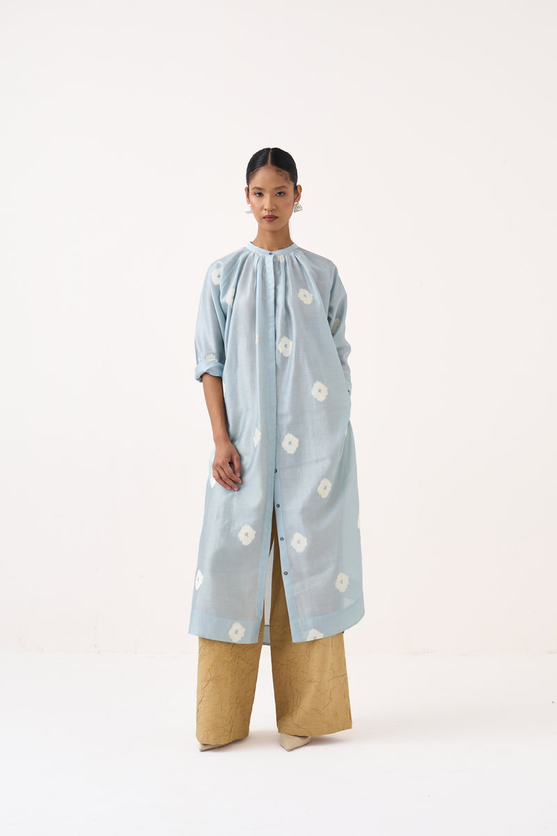 Block Print Gather Neck Shirt Co-Ord Set Of 2-Ice Blue & Light Sand chanderi co-ord set by THREE in ice blue for women Worldwide