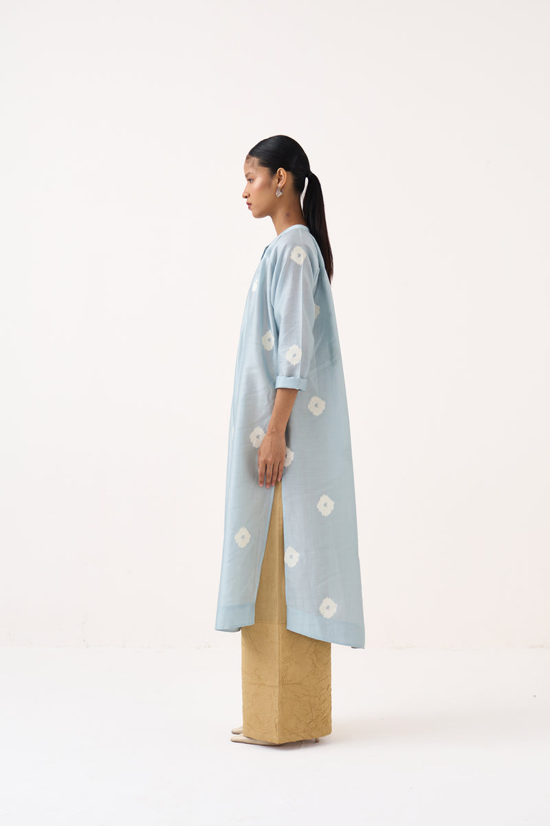 Block Print Gather Neck Shirt Co-Ord Set Of 2-Ice Blue & Light Sand chanderi co-ord set by THREE in ice blue for women Worldwide