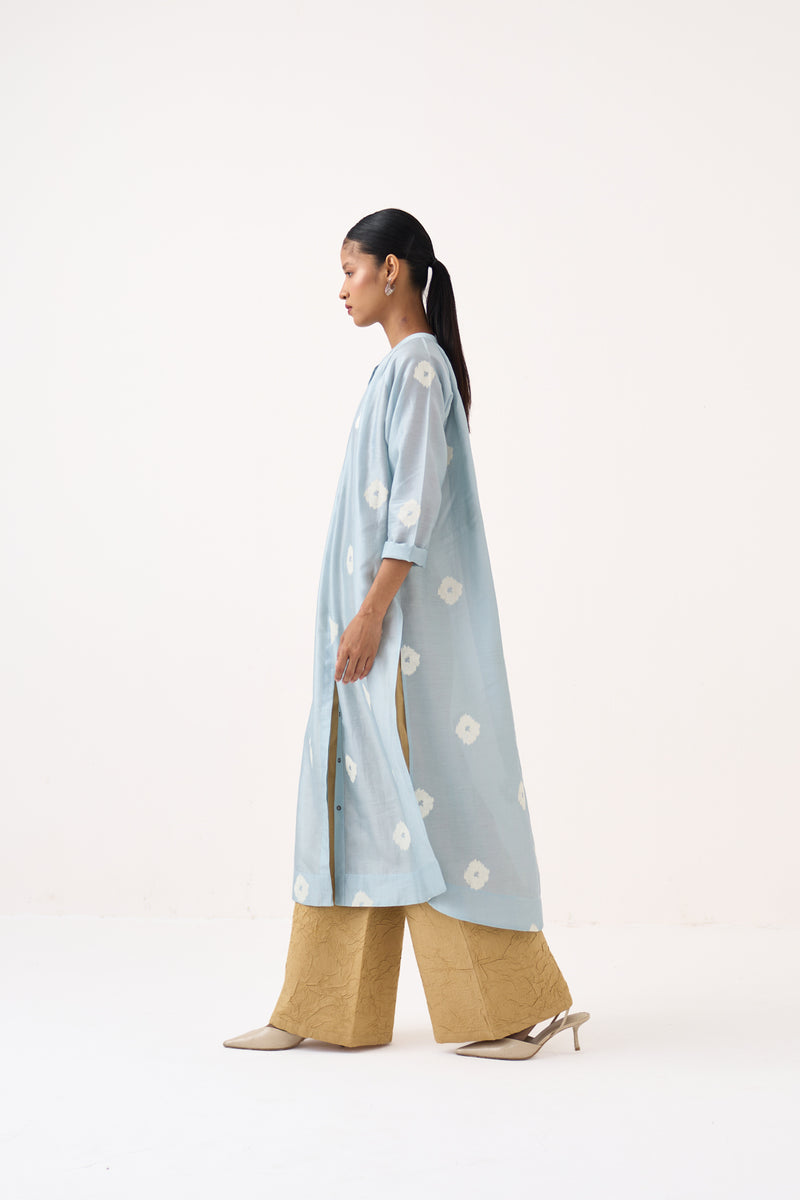 Block Print Gather Neck Shirt Co-Ord Set Of 2-Ice Blue & Light Sand chanderi co-ord set by THREE in ice blue for women Worldwide