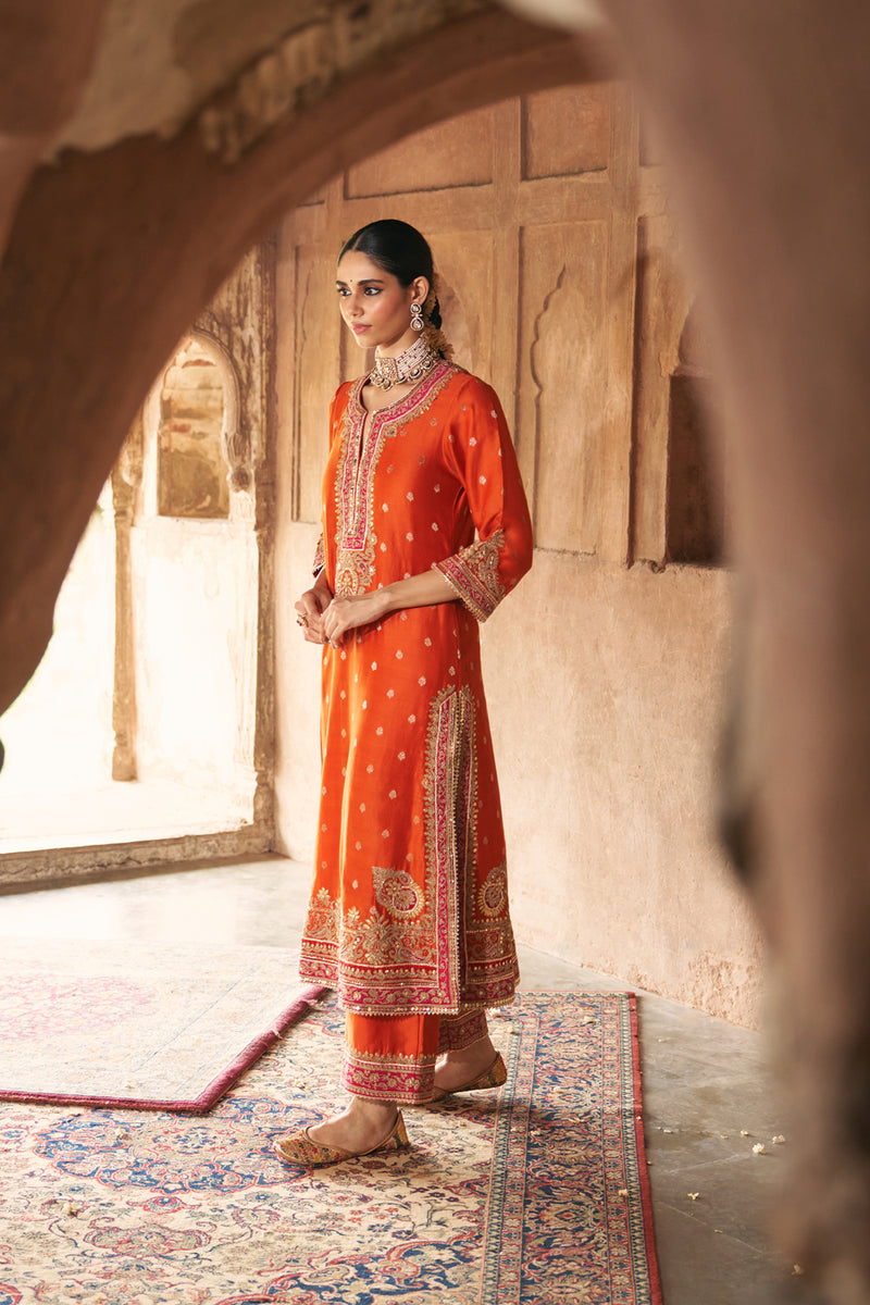 SOBIA - BURNT ORANGE LONG KURTA WITH PALAZZO AND DUPATTA silk chanderi kurta/kurta set by SHEETAL BATRA in orange for women Worldwide