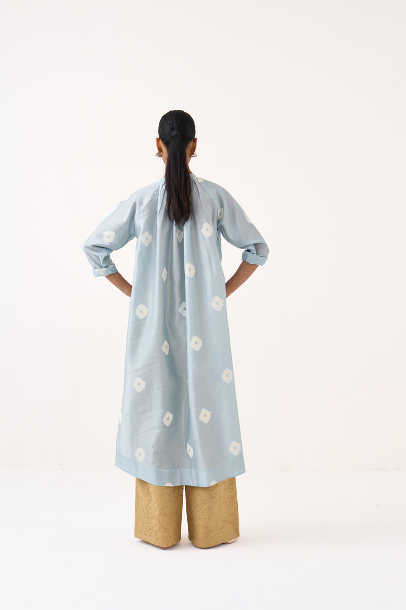 Block Print Gather Neck Shirt Co-Ord Set Of 2-Ice Blue & Light Sand chanderi co-ord set by THREE in ice blue for women Worldwide