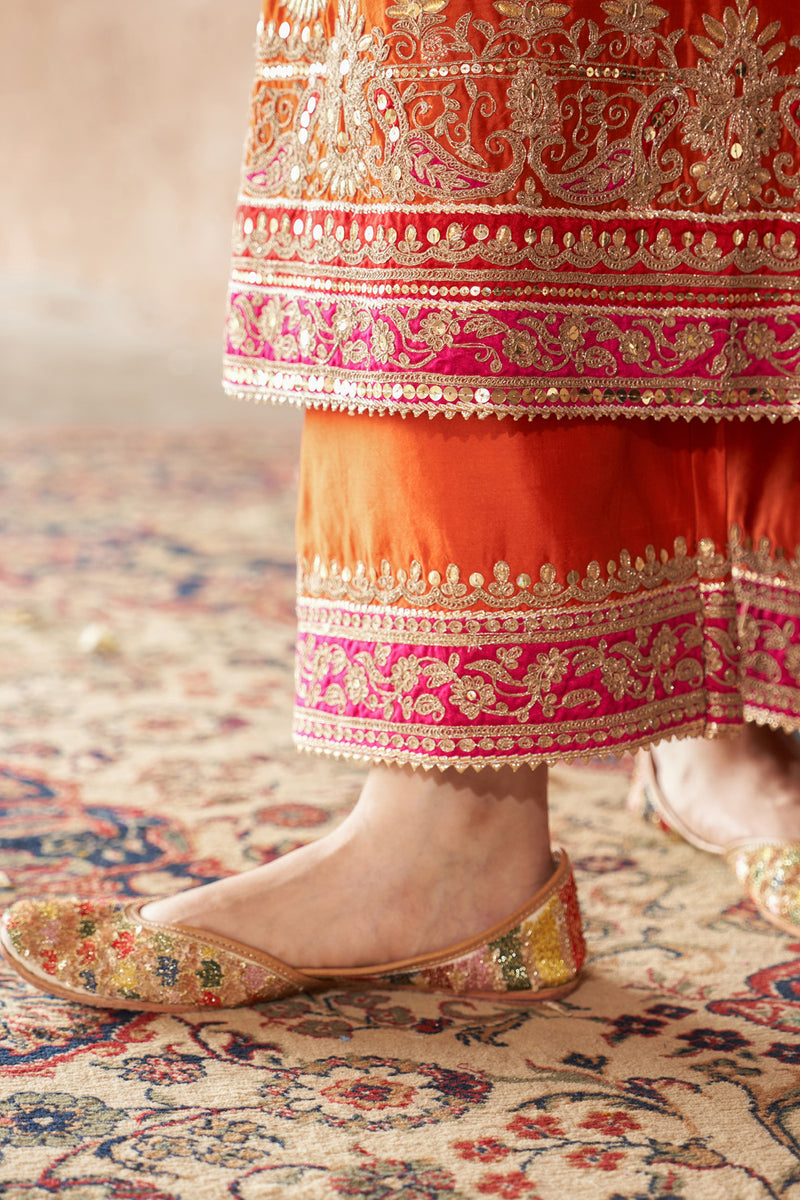 SOBIA - BURNT ORANGE LONG KURTA WITH PALAZZO AND DUPATTA silk chanderi kurta/kurta set by SHEETAL BATRA in orange for women Worldwide