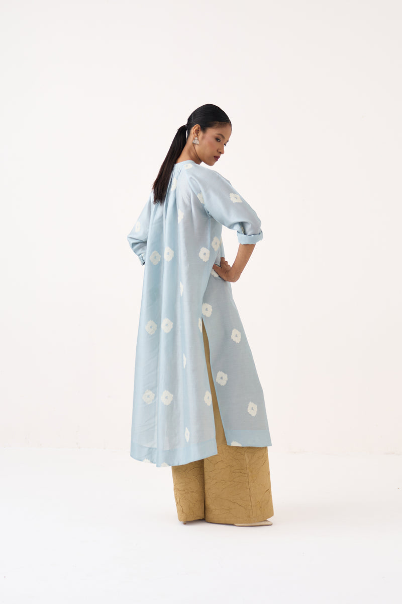 Block Print Gather Neck Shirt Co-Ord Set Of 2-Ice Blue & Light Sand chanderi co-ord set by THREE in ice blue for women Worldwide