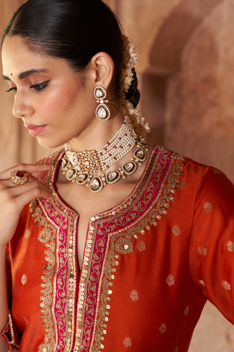 SOBIA - BURNT ORANGE LONG KURTA WITH PALAZZO AND DUPATTA silk chanderi kurta/kurta set by SHEETAL BATRA in orange for women Worldwide