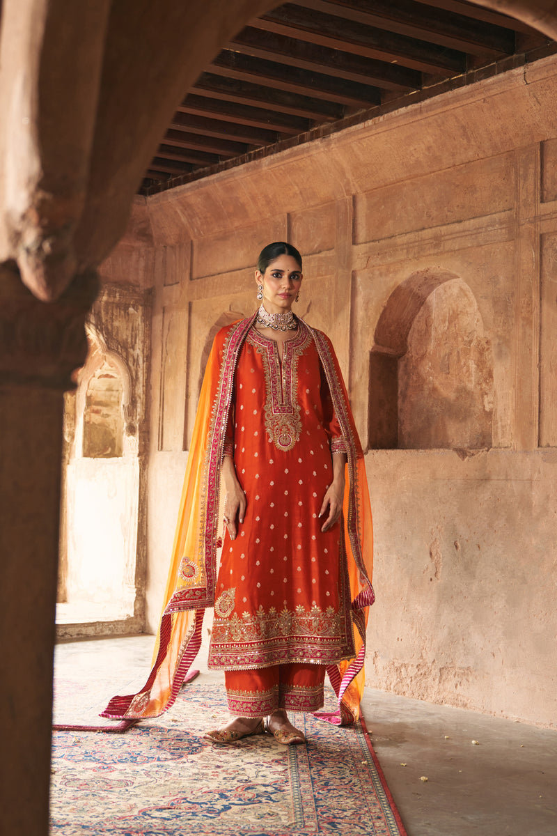 SOBIA - BURNT ORANGE LONG KURTA WITH PALAZZO AND DUPATTA silk chanderi kurta/kurta set by SHEETAL BATRA in orange for women Worldwide
