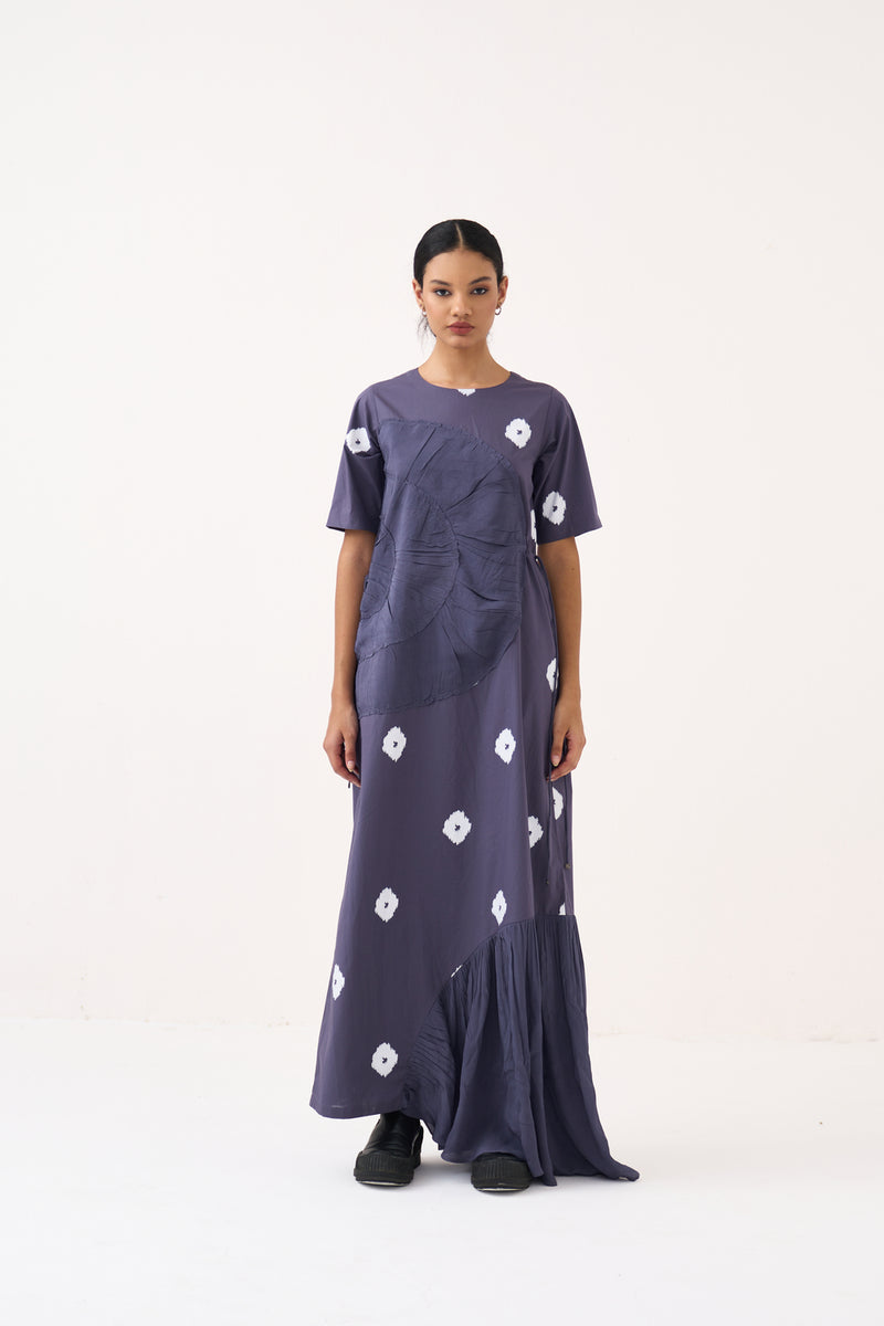 Block Print Multi Drawstring Dress-Ash Violet poplin, silk crepe dress by THREE in voilet for women Worldwide