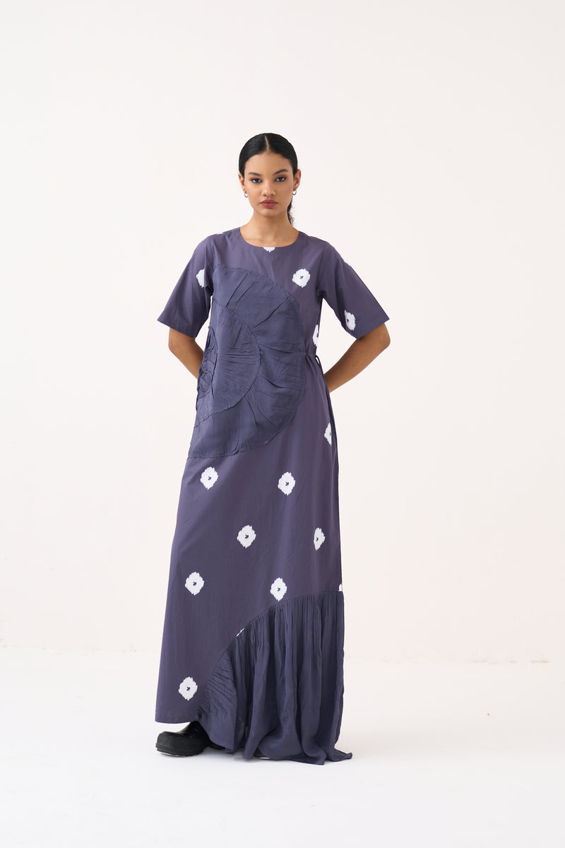 Block Print Multi Drawstring Dress-Ash Violet poplin, silk crepe dress by THREE in voilet for women Worldwide