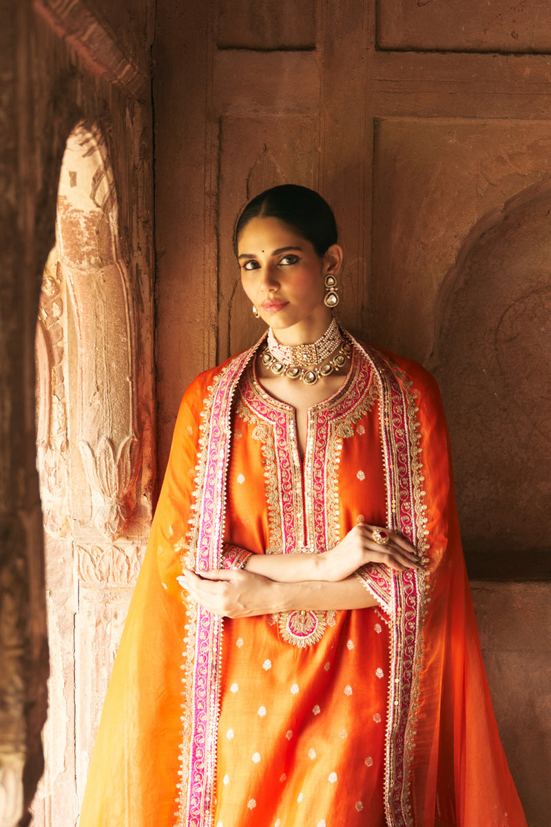 SOBIA - BURNT ORANGE LONG KURTA WITH PALAZZO AND DUPATTA silk chanderi kurta/kurta set by SHEETAL BATRA in orange for women Worldwide