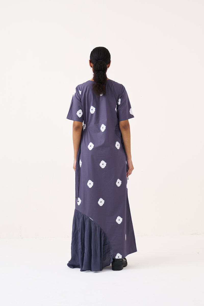 Block Print Multi Drawstring Dress-Ash Violet poplin, silk crepe dress by THREE in voilet for women Worldwide