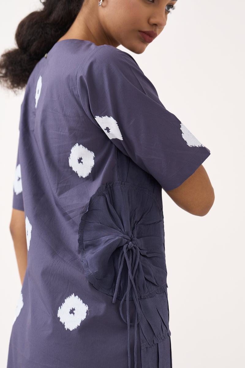 Block Print Multi Drawstring Dress-Ash Violet poplin, silk crepe dress by THREE in voilet for women Worldwide
