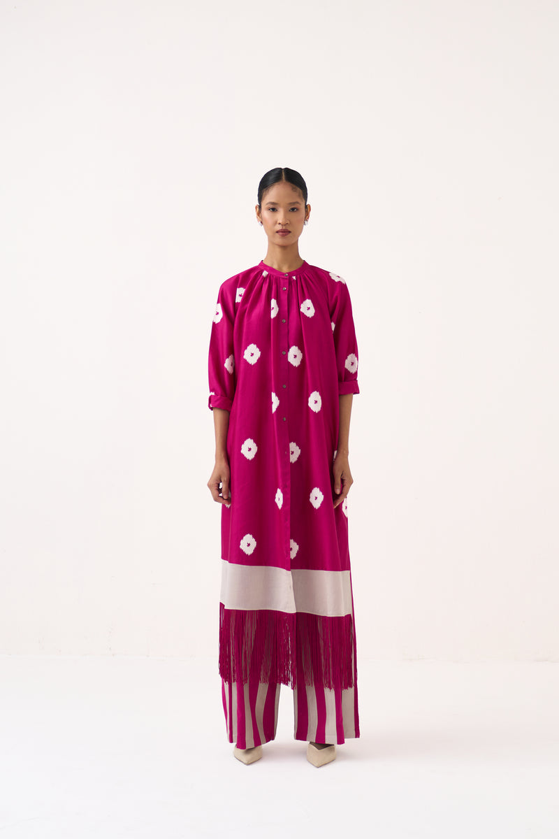 Block Print Fringe Gather Neck Shirt Co-Ord-Bright Berry chanderi, poplin co-ord set by THREE in pink for women Worldwide