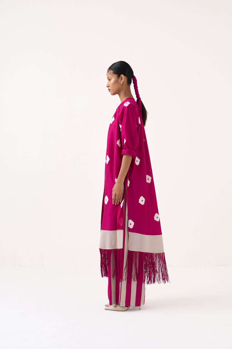 Block Print Fringe Gather Neck Shirt Co-Ord-Bright Berry chanderi, poplin co-ord set by THREE in pink for women Worldwide