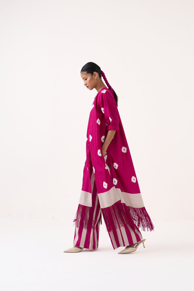 Block Print Fringe Gather Neck Shirt Co-Ord-Bright Berry chanderi, poplin co-ord set by THREE in pink for women Worldwide