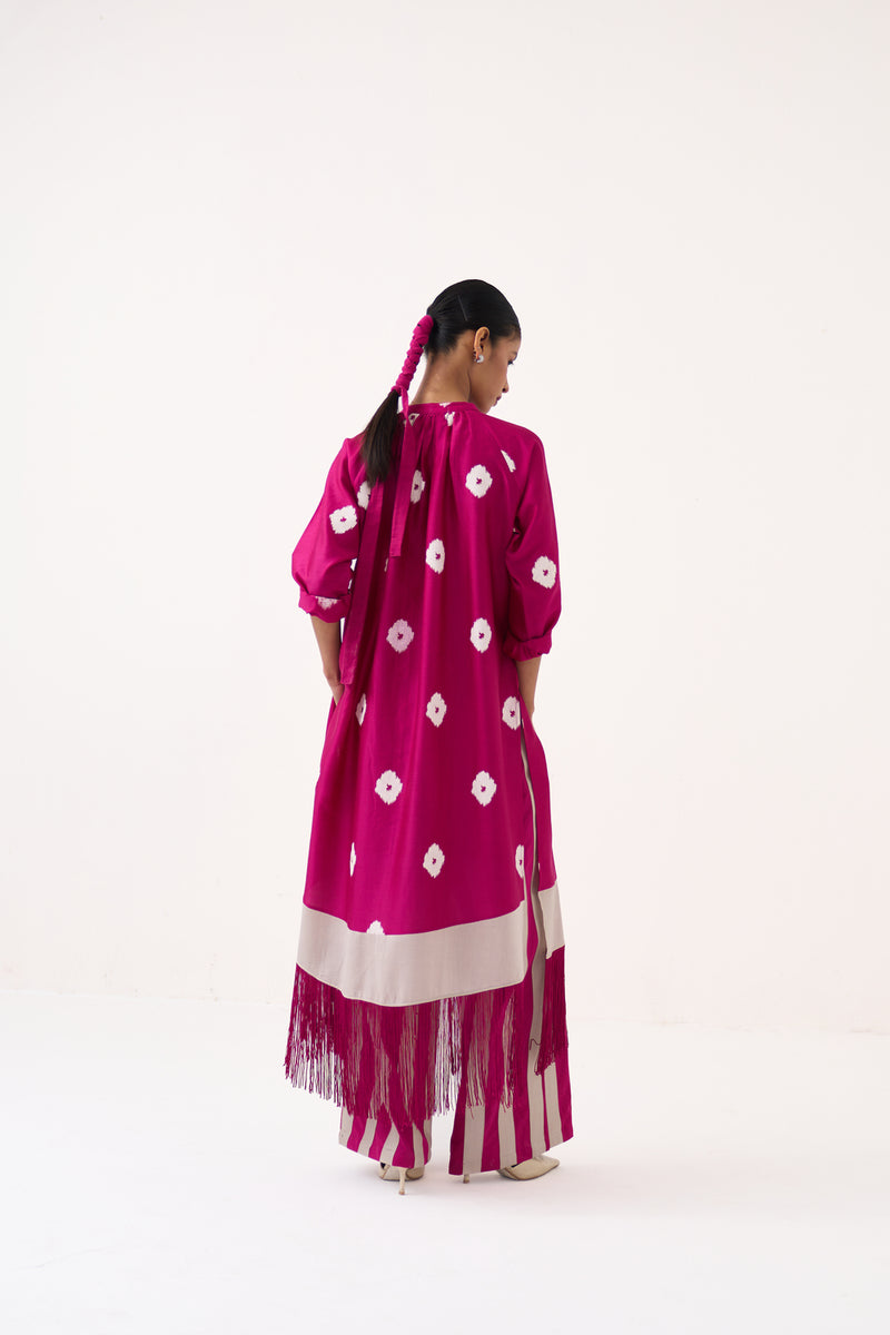 Block Print Fringe Gather Neck Shirt Co-Ord-Bright Berry chanderi, poplin co-ord set by THREE in pink for women Worldwide