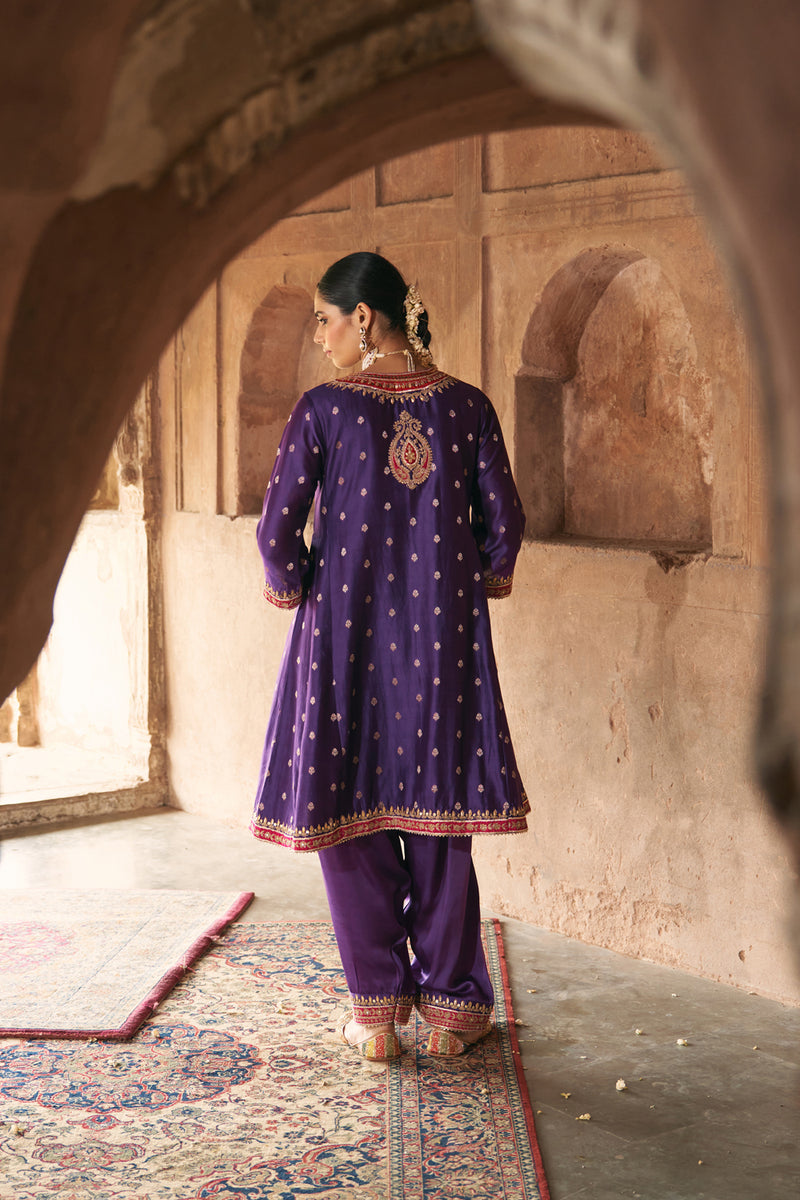 HAFSA - DEEP PURPLE CHAUGA WITH SALWAR chanderi silk kurta/kurta set by SHEETAL BATRA in purple for women Worldwide