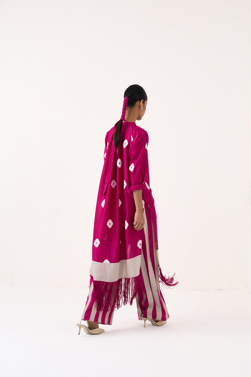 Block Print Fringe Gather Neck Shirt Co-Ord-Bright Berry chanderi, poplin co-ord set by THREE in pink for women Worldwide