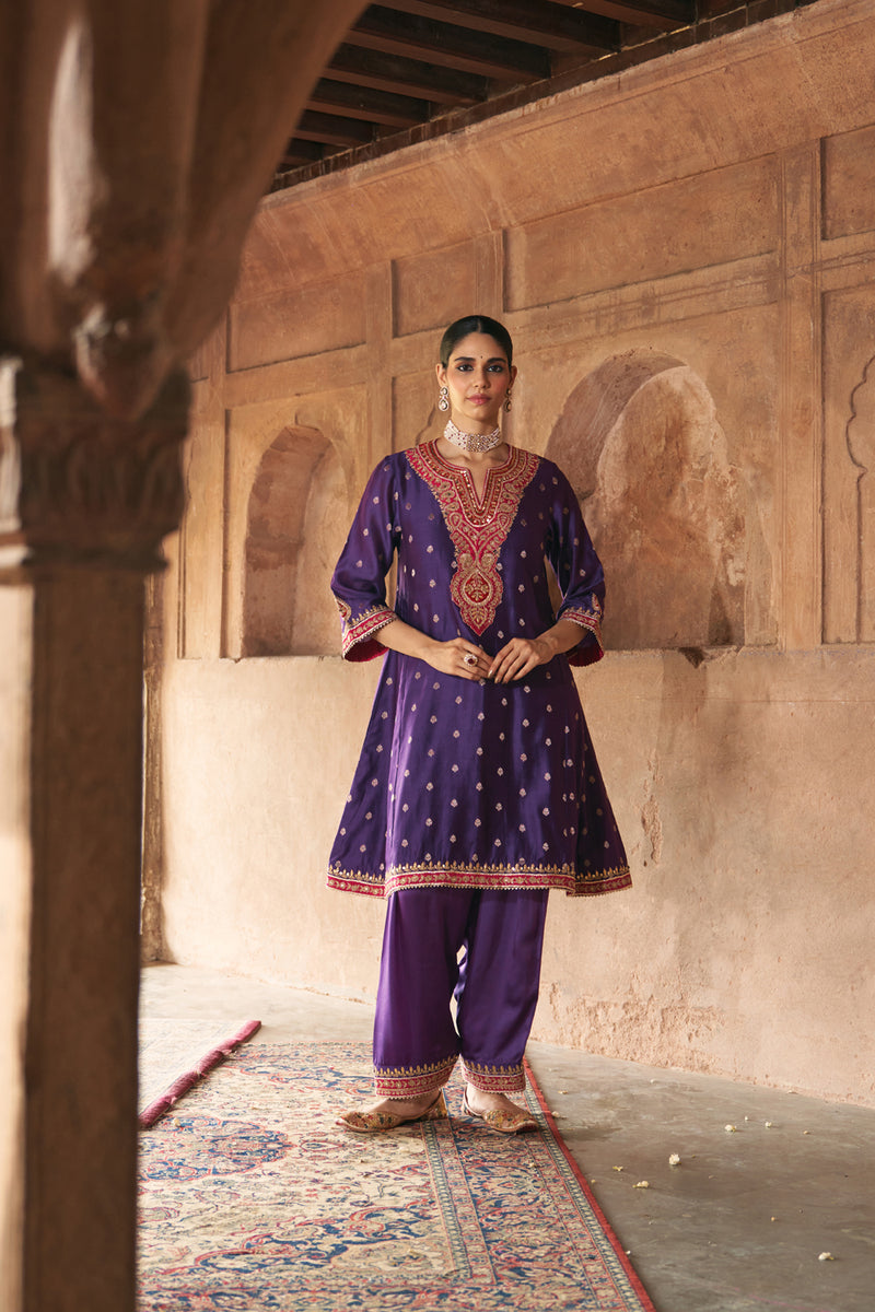 HAFSA - DEEP PURPLE CHAUGA WITH SALWAR chanderi silk kurta/kurta set by SHEETAL BATRA in purple for women Worldwide