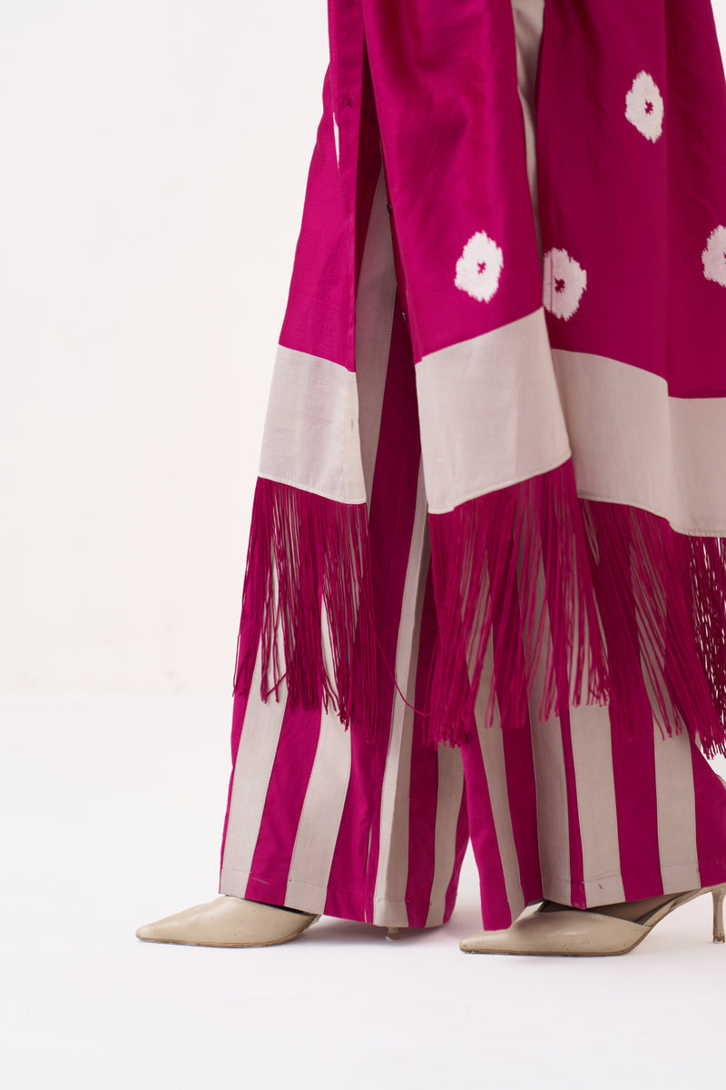 Block Print Fringe Gather Neck Shirt Co-Ord-Bright Berry chanderi, poplin co-ord set by THREE in pink for women Worldwide