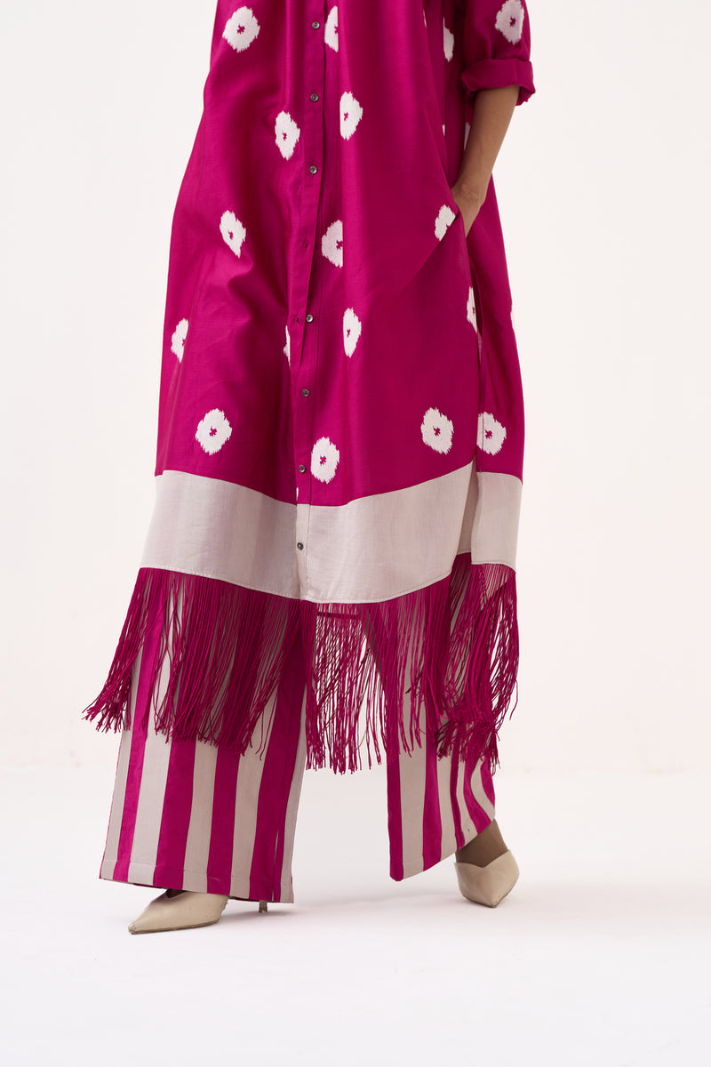 Block Print Fringe Gather Neck Shirt Co-Ord-Bright Berry chanderi, poplin co-ord set by THREE in pink for women Worldwide