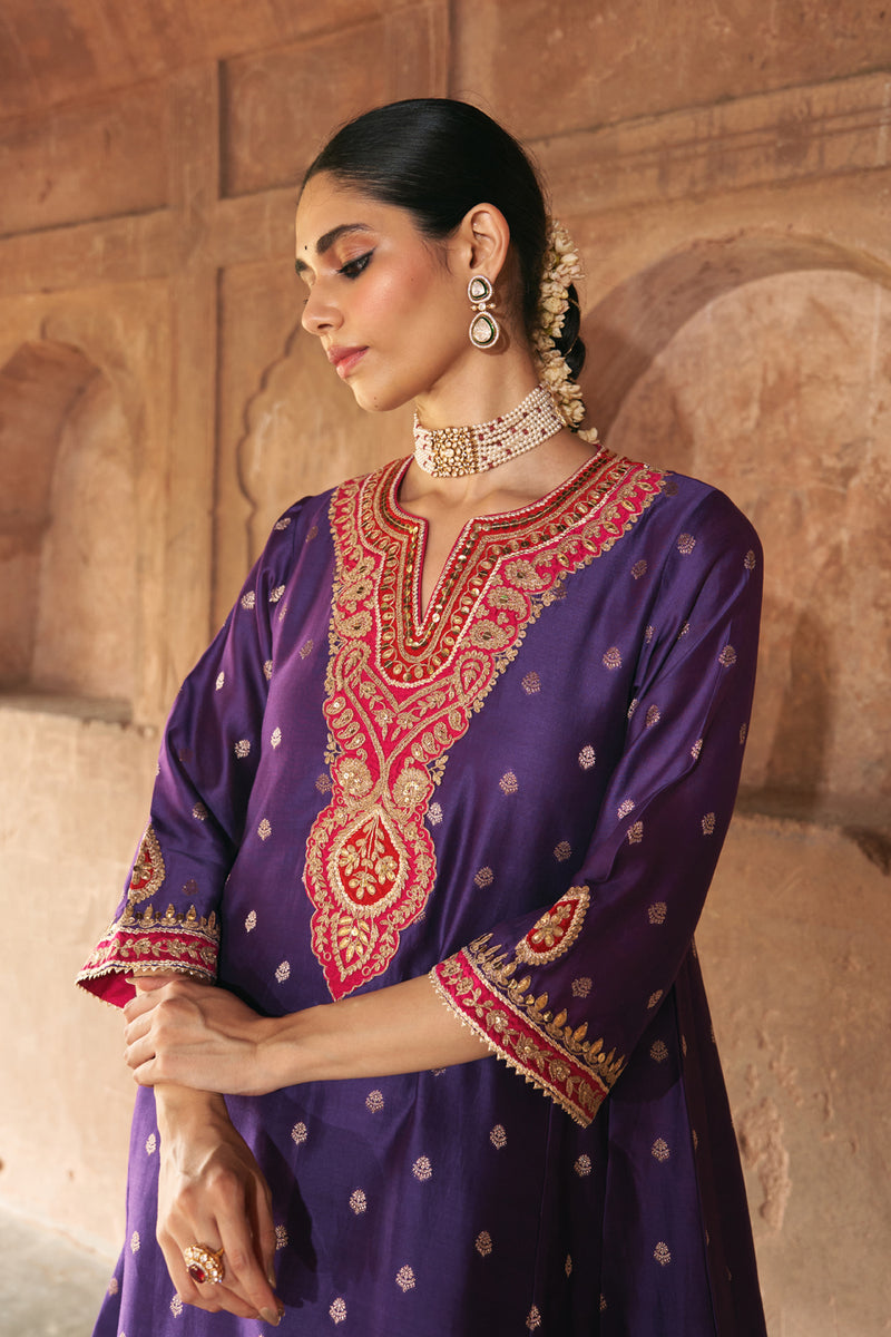 HAFSA - DEEP PURPLE CHAUGA WITH SALWAR chanderi silk kurta/kurta set by SHEETAL BATRA in purple for women Worldwide