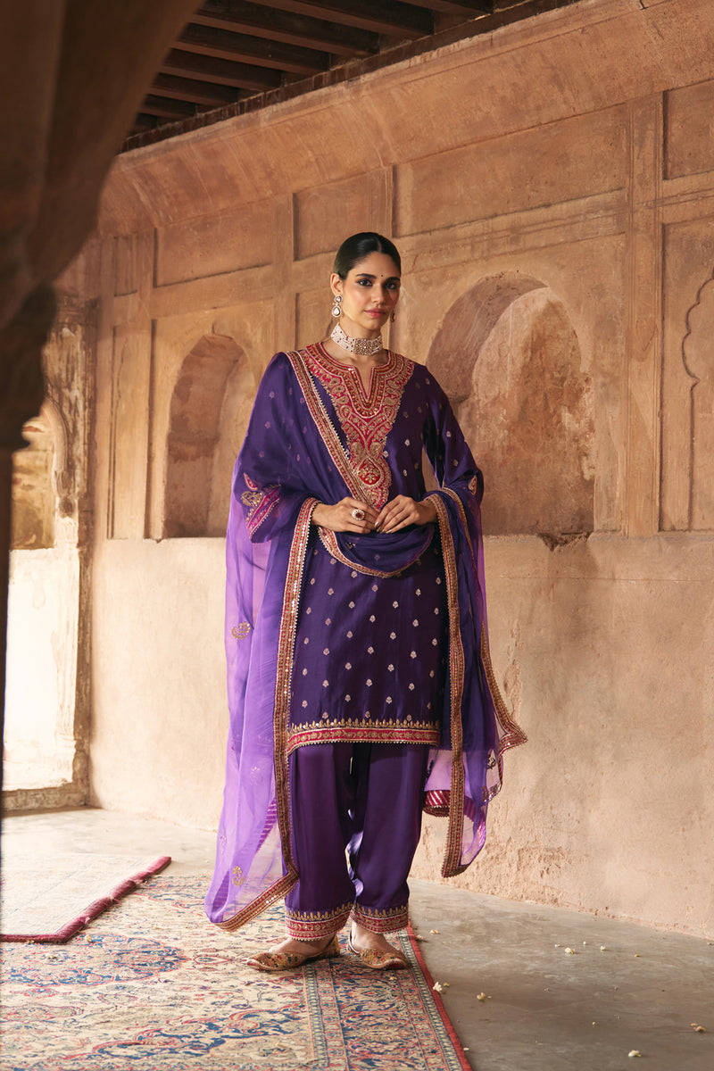 HAFSA - DEEP PURPLE CHAUGA WITH SALWAR chanderi silk kurta/kurta set by SHEETAL BATRA in purple for women Worldwide