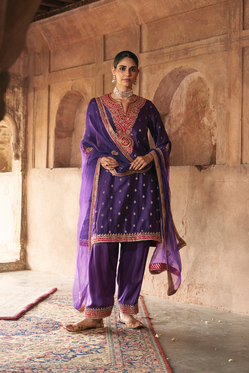 HAFSA - DEEP PURPLE CHAUGA WITH SALWAR chanderi silk kurta/kurta set by SHEETAL BATRA in purple for women Worldwide