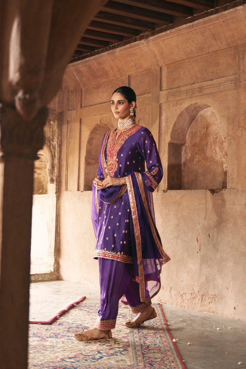 HAFSA - DEEP PURPLE CHAUGA WITH SALWAR chanderi silk kurta/kurta set by SHEETAL BATRA in purple for women Worldwide