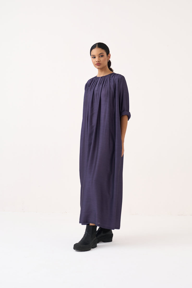 Gather Neck Dress-Ash Violet bemberg dress by THREE in voilet for women Worldwide