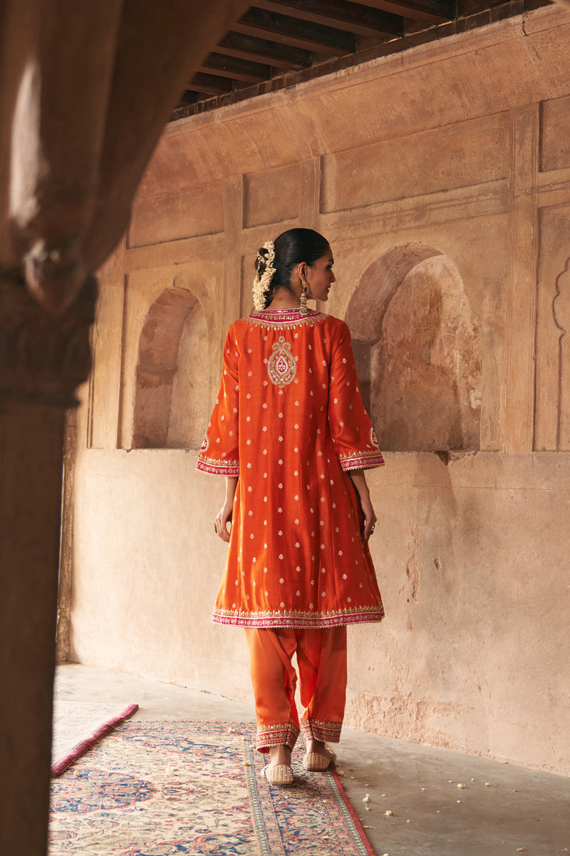 HAFSA - BURNT ORANGE CHAUGA WITH SALWAR chanderi silk kurta/kurta set by SHEETAL BATRA in orange for women Worldwide