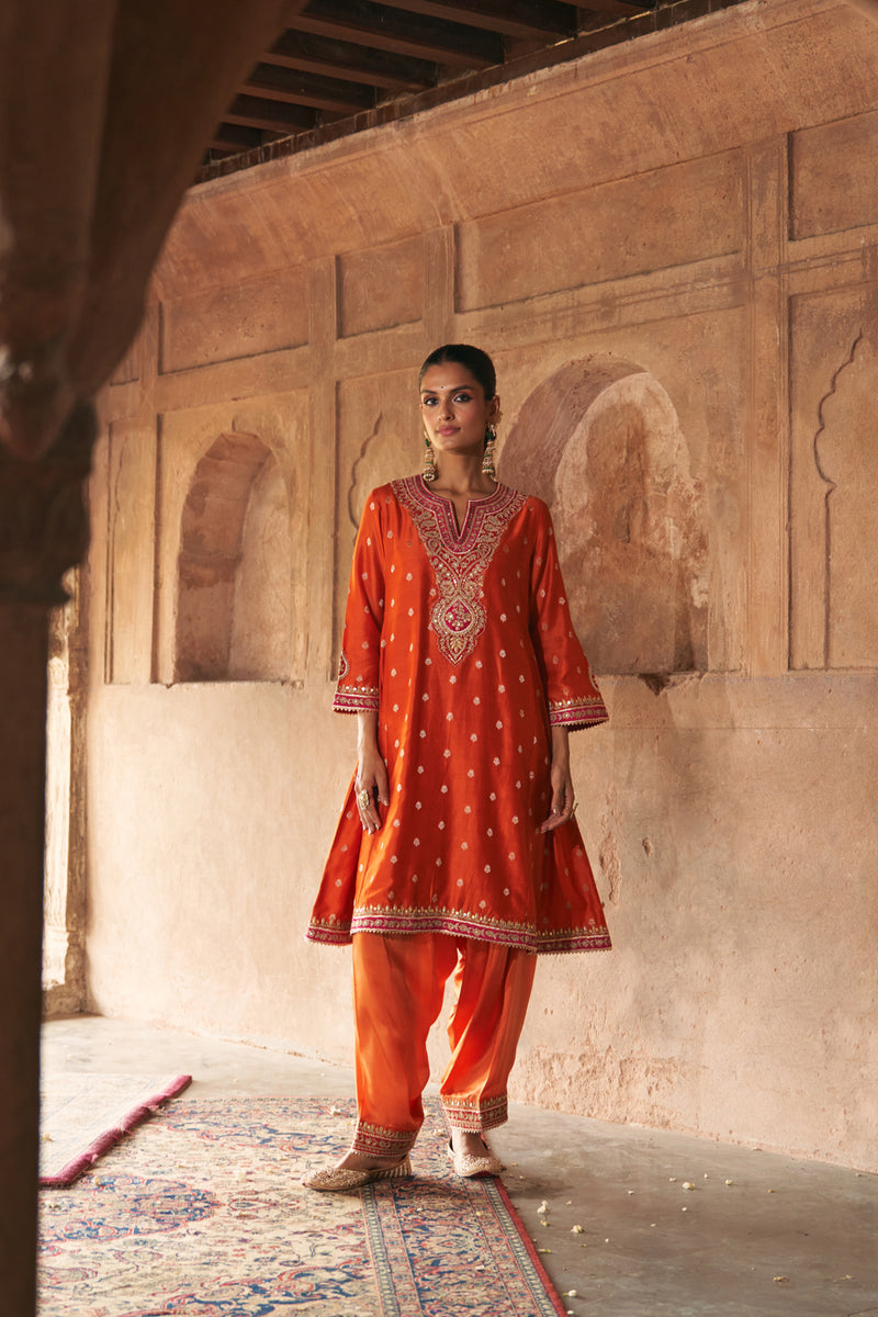 HAFSA - BURNT ORANGE CHAUGA WITH SALWAR chanderi silk kurta/kurta set by SHEETAL BATRA in orange for women Worldwide
