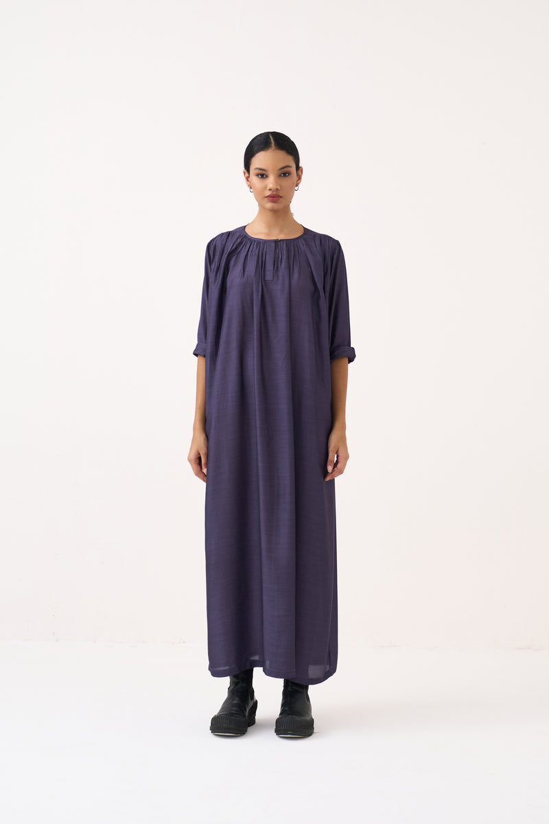 Gather Neck Dress-Ash Violet bemberg dress by THREE in voilet for women Worldwide