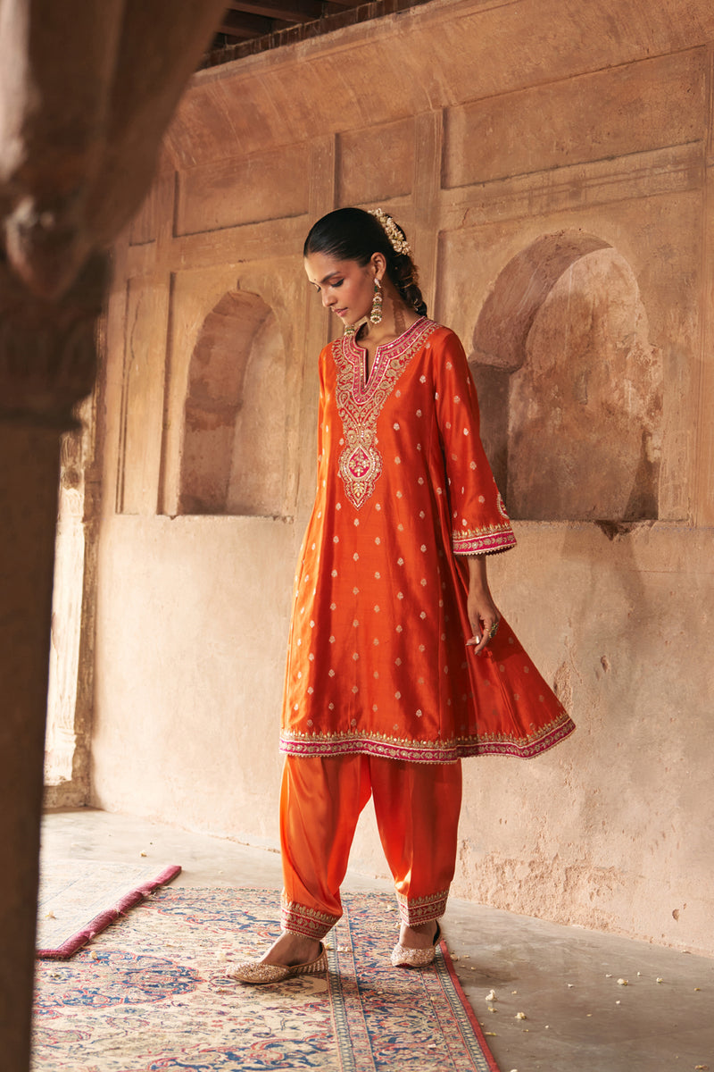 HAFSA - BURNT ORANGE CHAUGA WITH SALWAR chanderi silk kurta/kurta set by SHEETAL BATRA in orange for women Worldwide