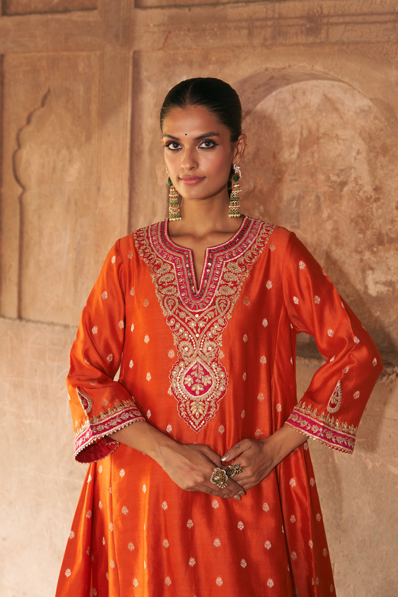 HAFSA - BURNT ORANGE CHAUGA WITH SALWAR chanderi silk kurta/kurta set by SHEETAL BATRA in orange for women Worldwide