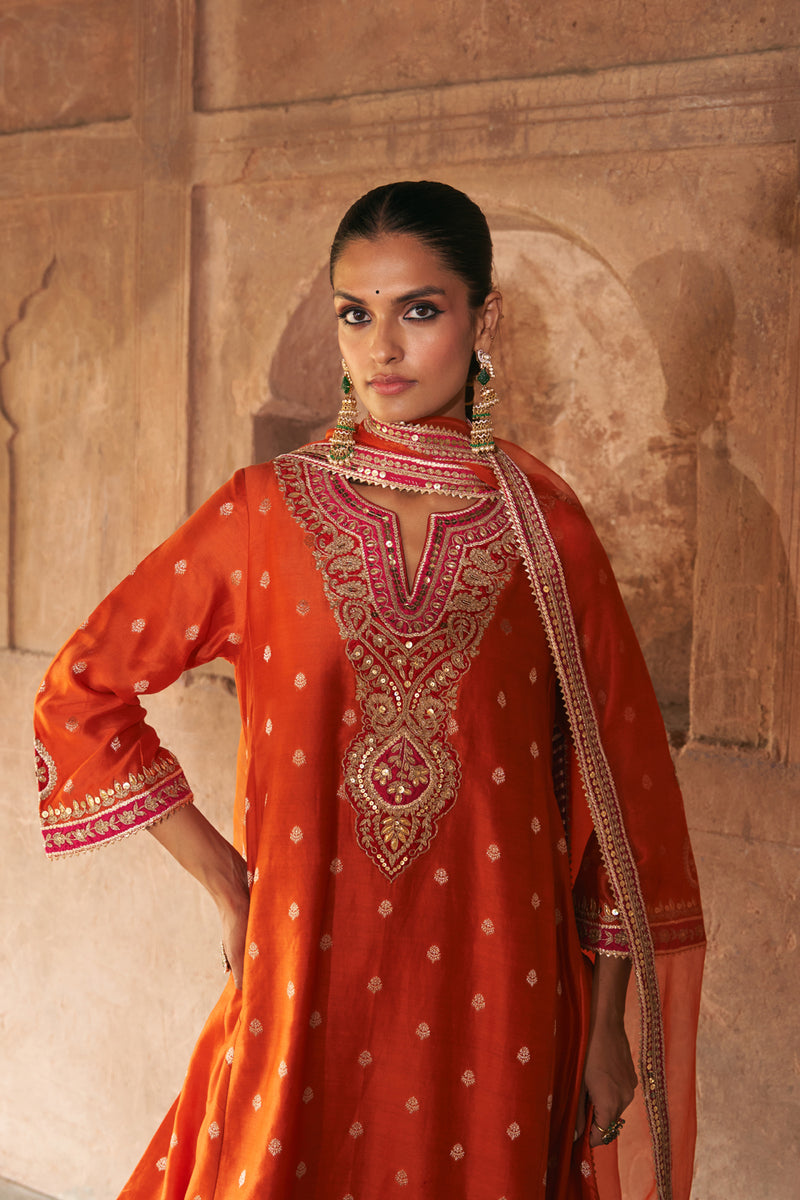 HAFSA - BURNT ORANGE CHAUGA WITH SALWAR chanderi silk kurta/kurta set by SHEETAL BATRA in orange for women Worldwide