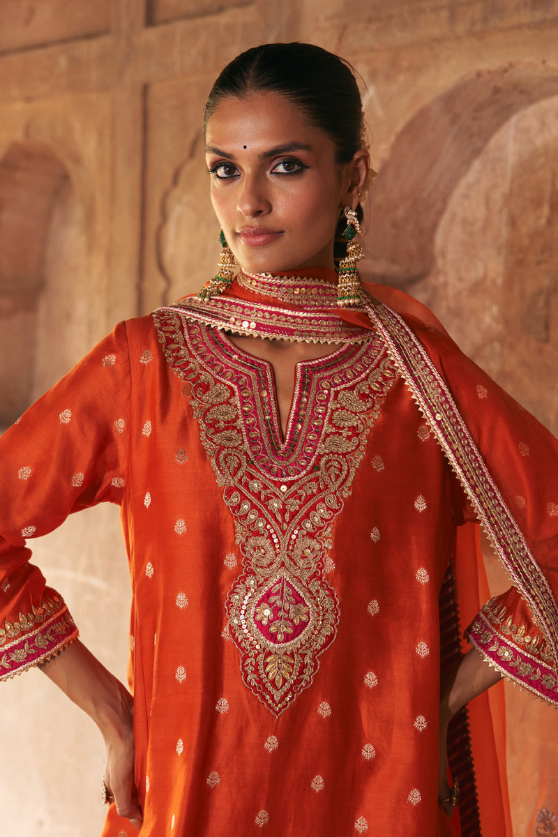 HAFSA - BURNT ORANGE CHAUGA WITH SALWAR chanderi silk kurta/kurta set by SHEETAL BATRA in orange for women Worldwide