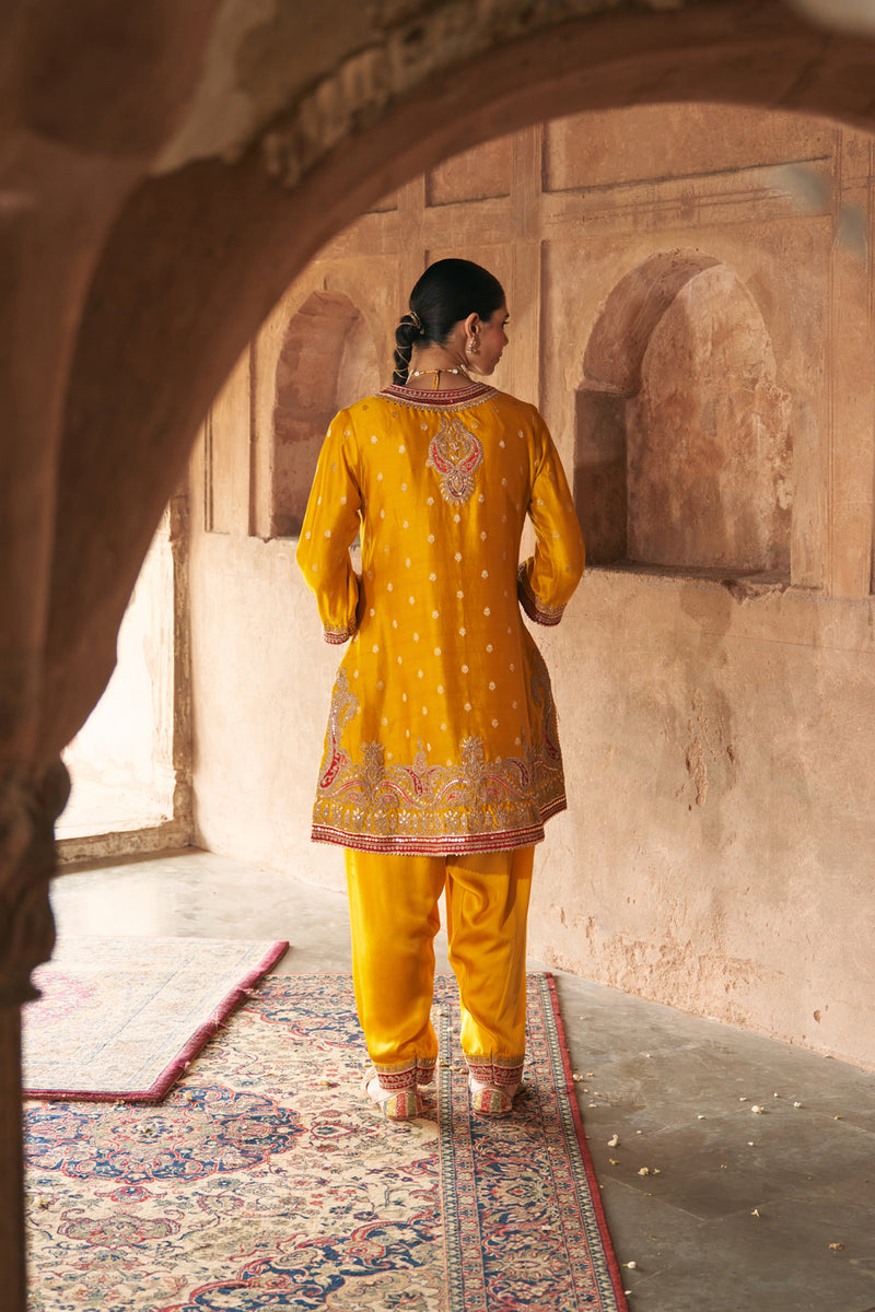 FARHANA - MUSTARD SHORT KURTA WITH SALWAR AND DUPATTA chanderi silk kurta/kurta set by SHEETAL BATRA in mustard for women Worldwide