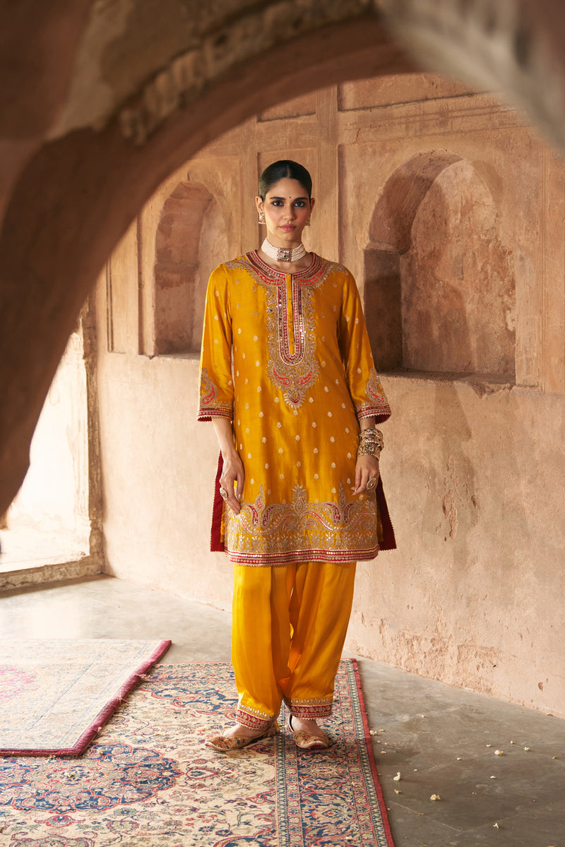 FARHANA - MUSTARD SHORT KURTA WITH SALWAR AND DUPATTA chanderi silk kurta/kurta set by SHEETAL BATRA in mustard for women Worldwide