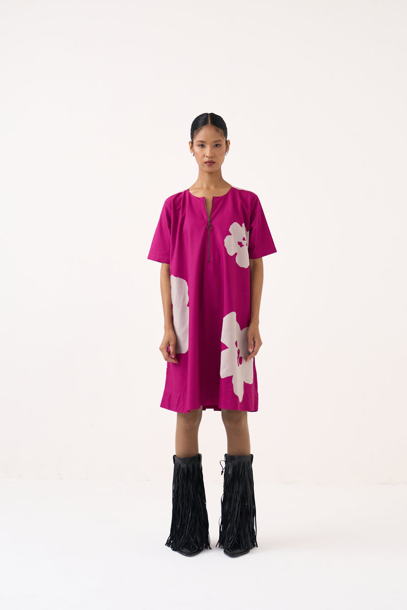 Floral Applique Wide Hem Dress-Bright Berry poplin dress by THREE in pink for women Worldwide