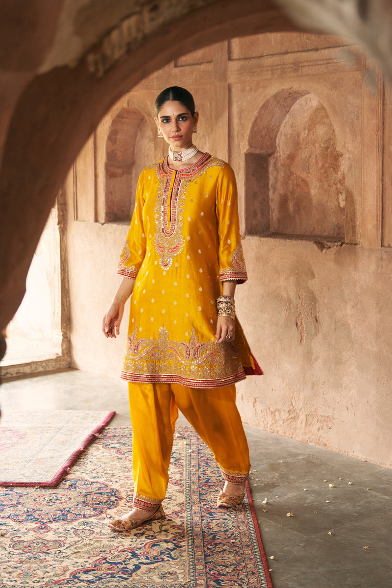 FARHANA - MUSTARD SHORT KURTA WITH SALWAR AND DUPATTA chanderi silk kurta/kurta set by SHEETAL BATRA in mustard for women Worldwide