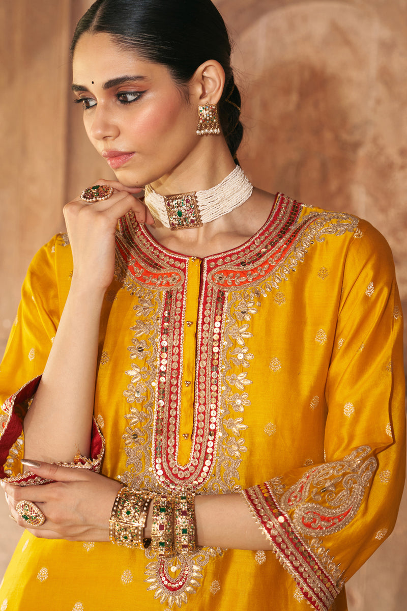 FARHANA - MUSTARD SHORT KURTA WITH SALWAR AND DUPATTA chanderi silk kurta/kurta set by SHEETAL BATRA in mustard for women Worldwide