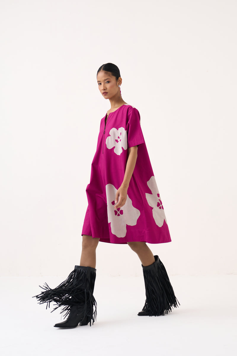 Floral Applique Wide Hem Dress-Bright Berry poplin dress by THREE in pink for women Worldwide