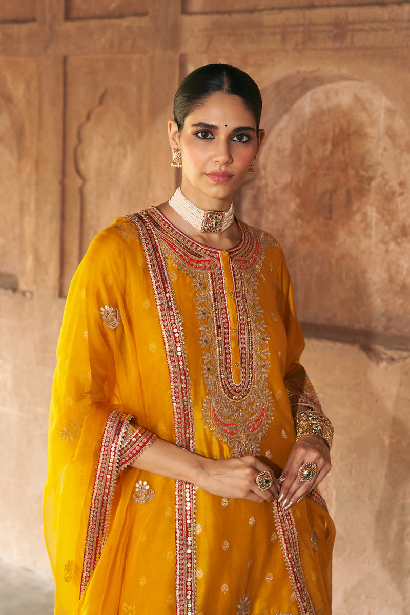 FARHANA - MUSTARD SHORT KURTA WITH SALWAR AND DUPATTA chanderi silk kurta/kurta set by SHEETAL BATRA in mustard for women Worldwide