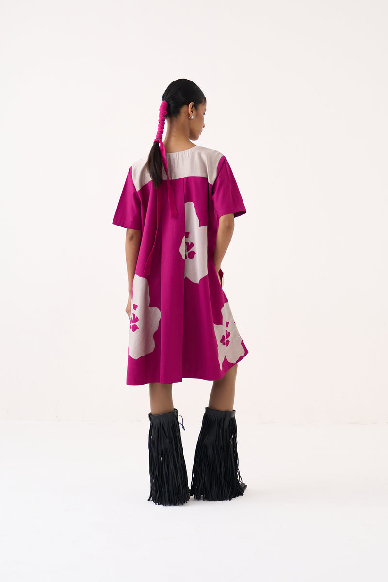 Floral Applique Wide Hem Dress-Bright Berry poplin dress by THREE in pink for women Worldwide
