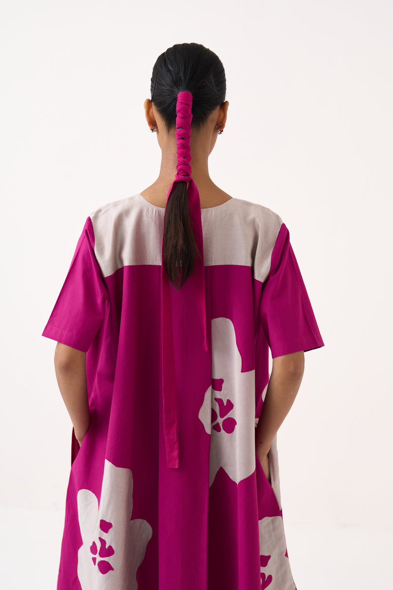Floral Applique Wide Hem Dress-Bright Berry poplin dress by THREE in pink for women Worldwide