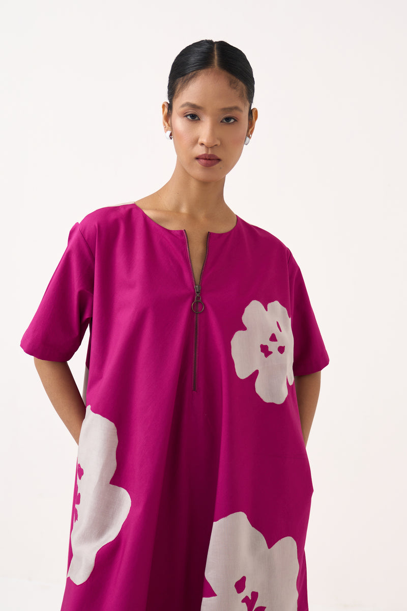 Floral Applique Wide Hem Dress-Bright Berry poplin dress by THREE in pink for women Worldwide